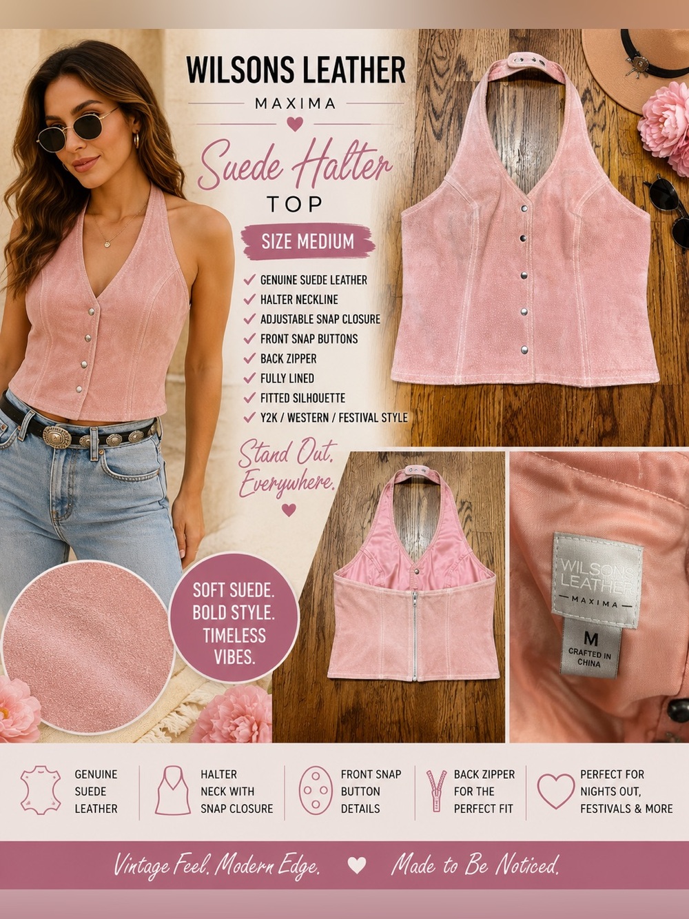 Wilsons Leather Maxima Pink Suede Halter Top | Size Medium